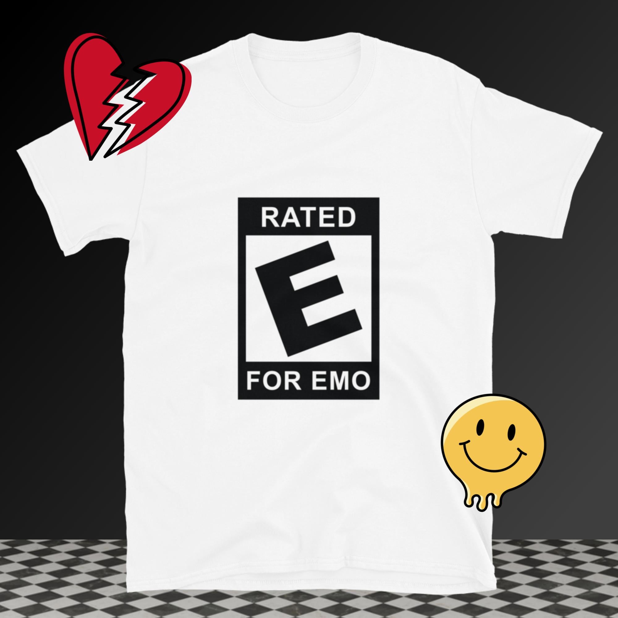 “Rated E for Emo” Short-Sleeve Unisex White Tee